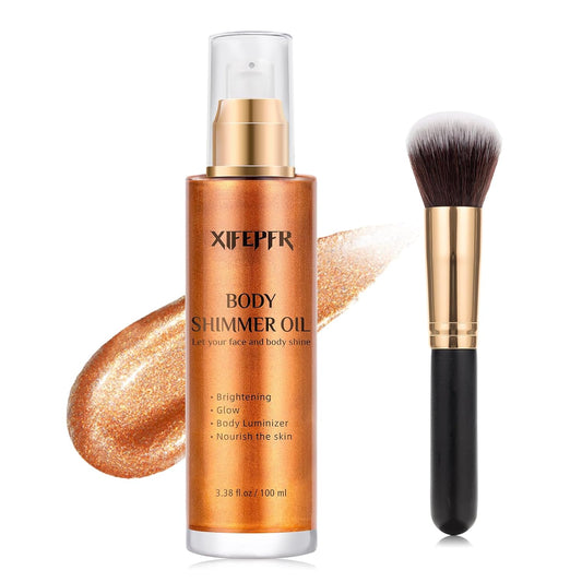 Body Shimmer Oil, Bronze Gold Luminizer Face Highlighter Liquid Illuminator With Makeup Brush, Long Lasting Moisturizing Glitter Oil for Makeup Brighten