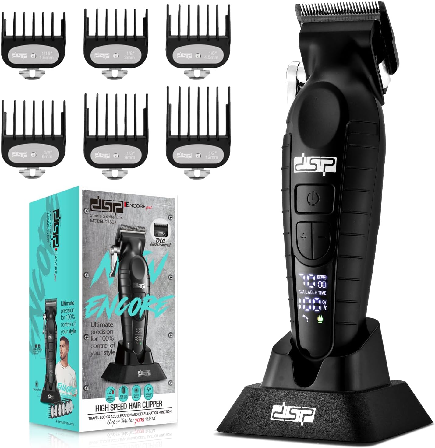 DSP Professional Hair Clipper for Men, Cordless Barber Clippers DLC, 7000RPM, Speeds Adjustable, Travel Lock, Low Noise with Charging Base