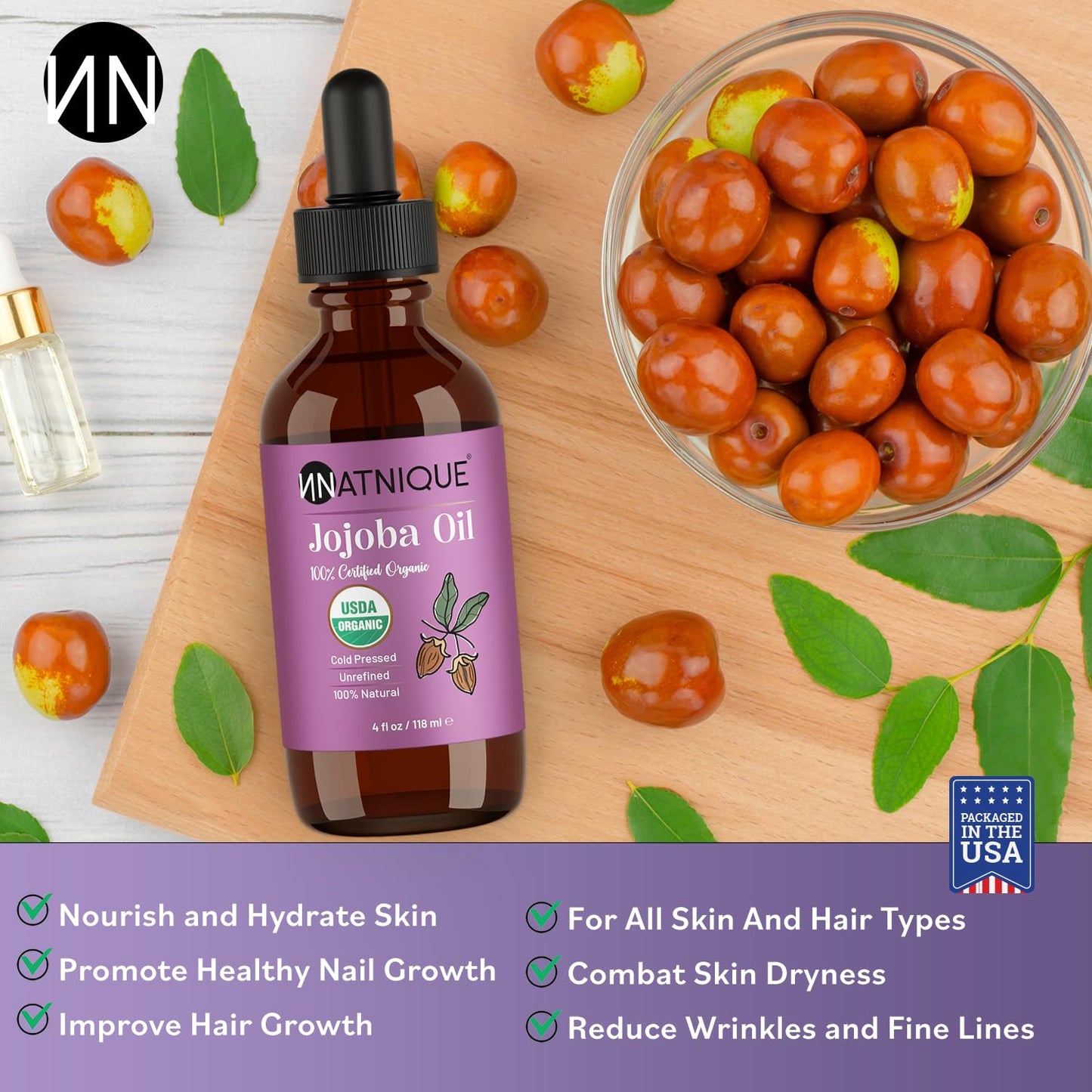 Natnique Organic Jojoba 4oz – USDA Certified, Cold Pressed, Unrefined & Hexane-Free – Pure Moisturizer for Hair Growth, Face, Skin, Beard, Scalp, Nails & Cuticles – Natural Facial, Body & Massage Care