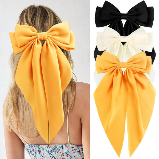 Velscrun Hair Accessories: 3Pcs Satin Hair Bows for Women and Girls - White, Black, Yellow Oversized Hair Bows with Long Tails and Clips, Perfect Gifts