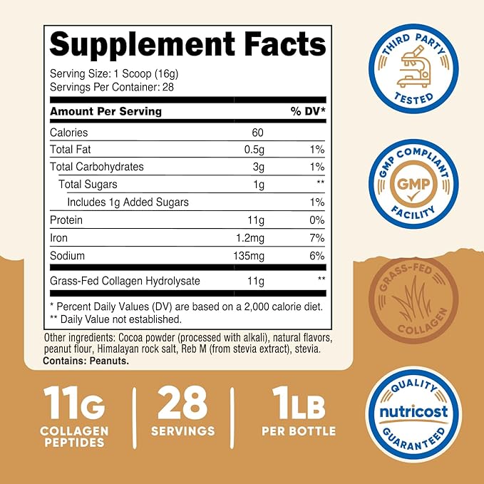 Nutricost Collagen Peptides (Chocolate Peanut Butter Flavored) 1 LB - Grass-Fed Collagen Hydrolysate, Gluten-Free