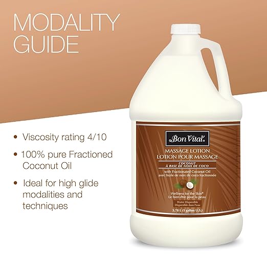 Bon Vital' Coconut Massage Lotion with 100% Pure Fractionated Coconut Oil, Lightweight Massage Lotion, Provides a Massage, Intense Skin Hydrating and Moisturizing, 1 Gal, Label may Vary