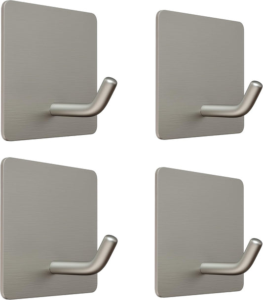 Brushed Nickel Self Adhesive Towel Hooks for Bathroom Wall Door Mounted - SUS304 Stainless Steel Strong Strips Stick on 3M Wall Hooks for Hanging Coat, Hat, Bag, Key, Jacket – 4 Pack