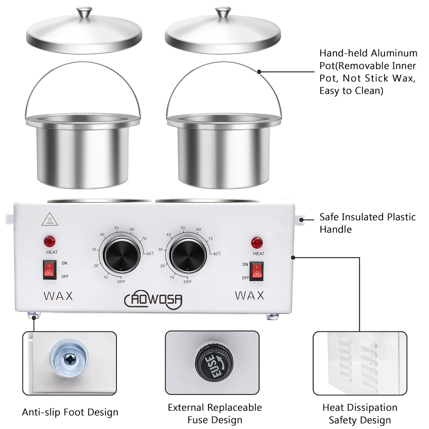 Professional Waxing Kit Wax Warmer Double Pot Wax Heater Machine for Hair Removal, Large Wax Pot for Spa Salon Beauty Esthetician Home, with Adjustable Temperature Set, 50 Wax Stick(White)