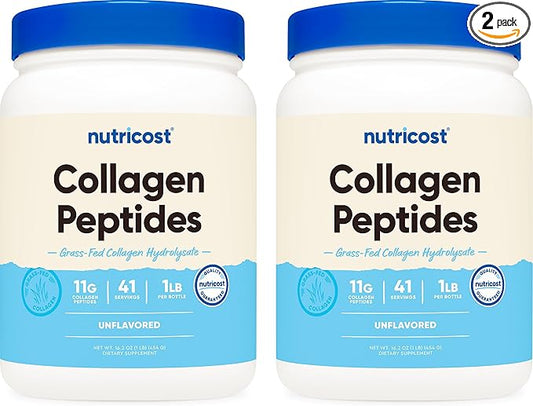 Nutricost Pure Collagen Hydrolysate (Bovine) Powder (2 Pack) - Grass Fed Bovine Collagen, 1LB Per Bottle
