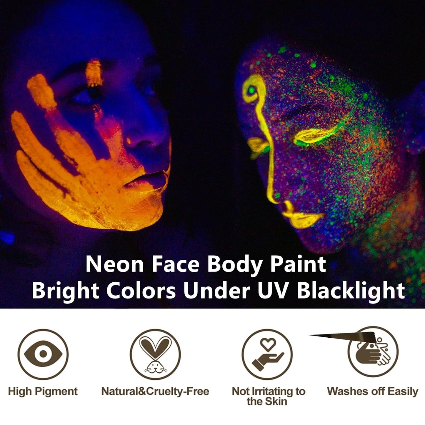 Go Ho UV Blacklight Neon Blue Face Body Paint,Water Based Bright Color Neon Fluorescent Body Paint with Cushion Applicator,Glow In The Dark Under UV Light Party Halloween Makeup Washable