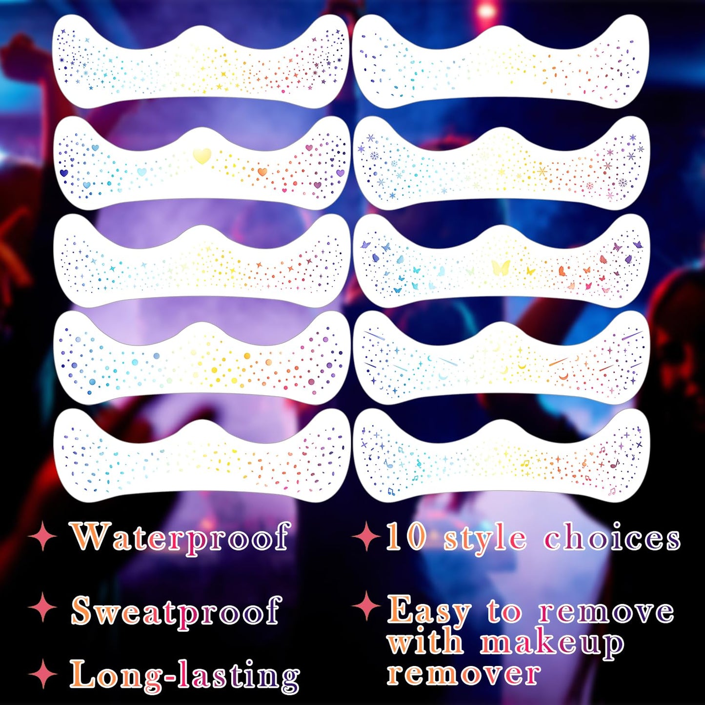 10 Pcs Holographic Multicolor Glitter Freckles, Glow Up Laser Silver Glitter Freckles Face Tattoo, Waterproof Face Sparkle Freckles, Long-lasting 48h Temporary Tattoos for Women