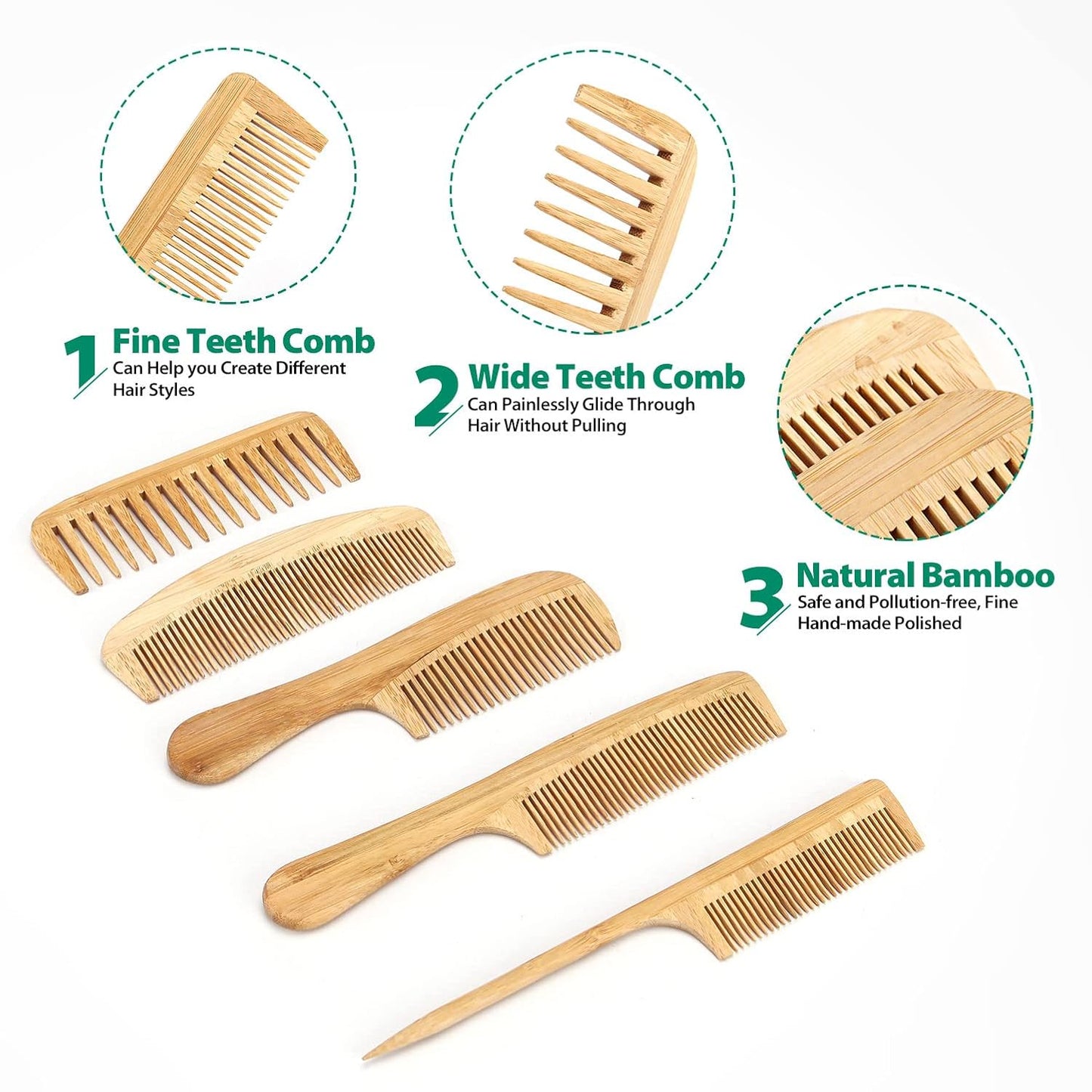 5 Pcs Natural Handmade Bamboo Anti-Static Combs Set - Wide Tooth, Rat Tail and Fine Tooth for Long, Short, Thick, Thin, Wavy or Curly Hair Detangling (Natural)