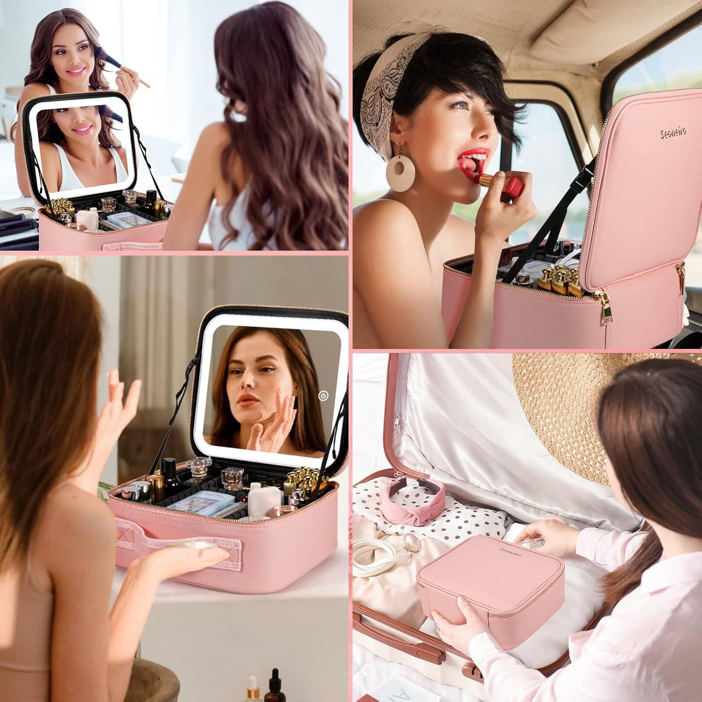 Seoneiro Makeup Travel Bag with LED Lighted Mirror Adjustable Brightness Portable Waterproof Makeup Case with Adjustable Dividers, Make up Train Case Organizer Makeup Brush Accessories and Tool Case
