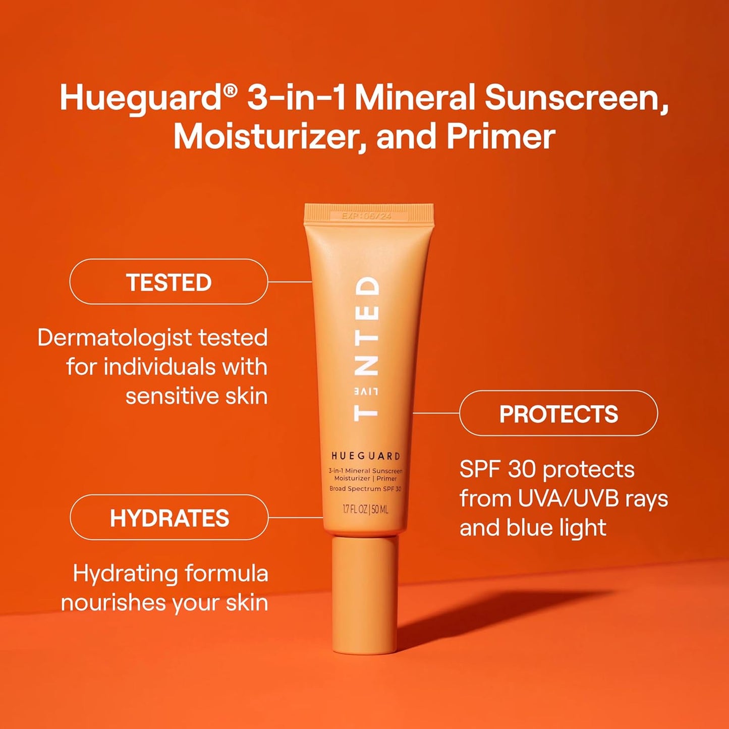 Live Tinted Hueguard® 3-in-1 Mineral Sunscreen, Moisturizer, & Primer for Face and Body - Hydrate and Protect the Skin Year Round - SPF 30 to Protect Against UVA/UVB Rays, 1.7 Fl Oz
