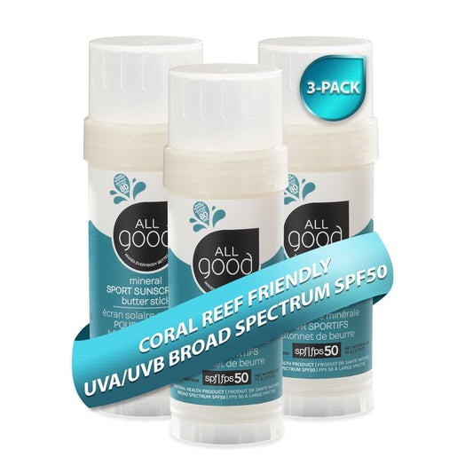 All Good Sports Mineral Sunscreen Butter Stick for Face, Nose, Ears - UVA/UVB Broad Spectrum SPF 50, Coral Reef Friendly, Water Resistant, Zinc Oxide, Coconut Oil, Beeswax, Vitamin E (2.75 oz)(3-pack)