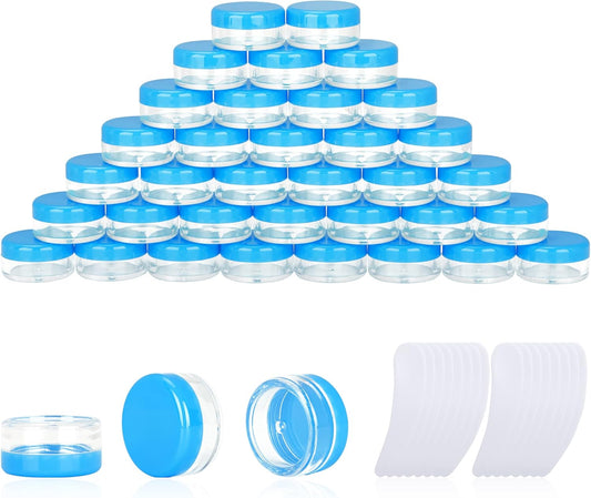 200PCS 3 Gram Sample Containers, 3ml Empty Jars with Lids, Small Cosmetic Containers, Mini Sample Jars with 16PCS Mini Spatulas for Make Up, Oils, Lotion, Powder, Paint, Jewelry, Lip Balms(Blue Lid)