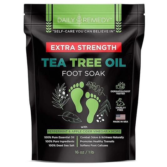 DAILY REMEDY EXTRA STRENGTH Tea Tree Oil Foot Soak w/ Epsom Salt Made in USA Toenails，Athlete's Foot，Itchy Feet，Stubborn Smelly Foot Odor，Pedicure Calluses & Soothes Sore Tired Achy Feet 16 oz，Black
