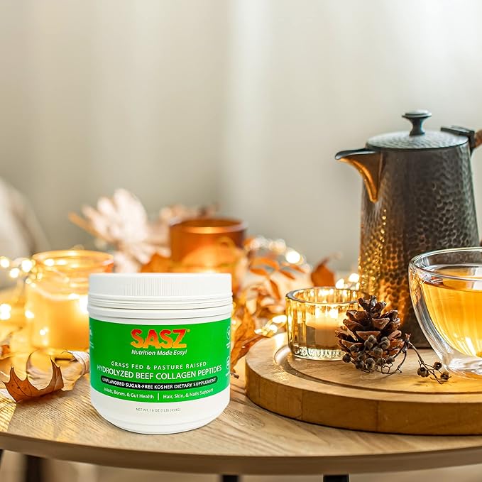 SASZ Hydrolyzed Bovine Collagen Peptides Powder 1lb Jar Clean Collagen Unflavored Grass-Fed Non-GMO Kosher Highly Soluble Protein