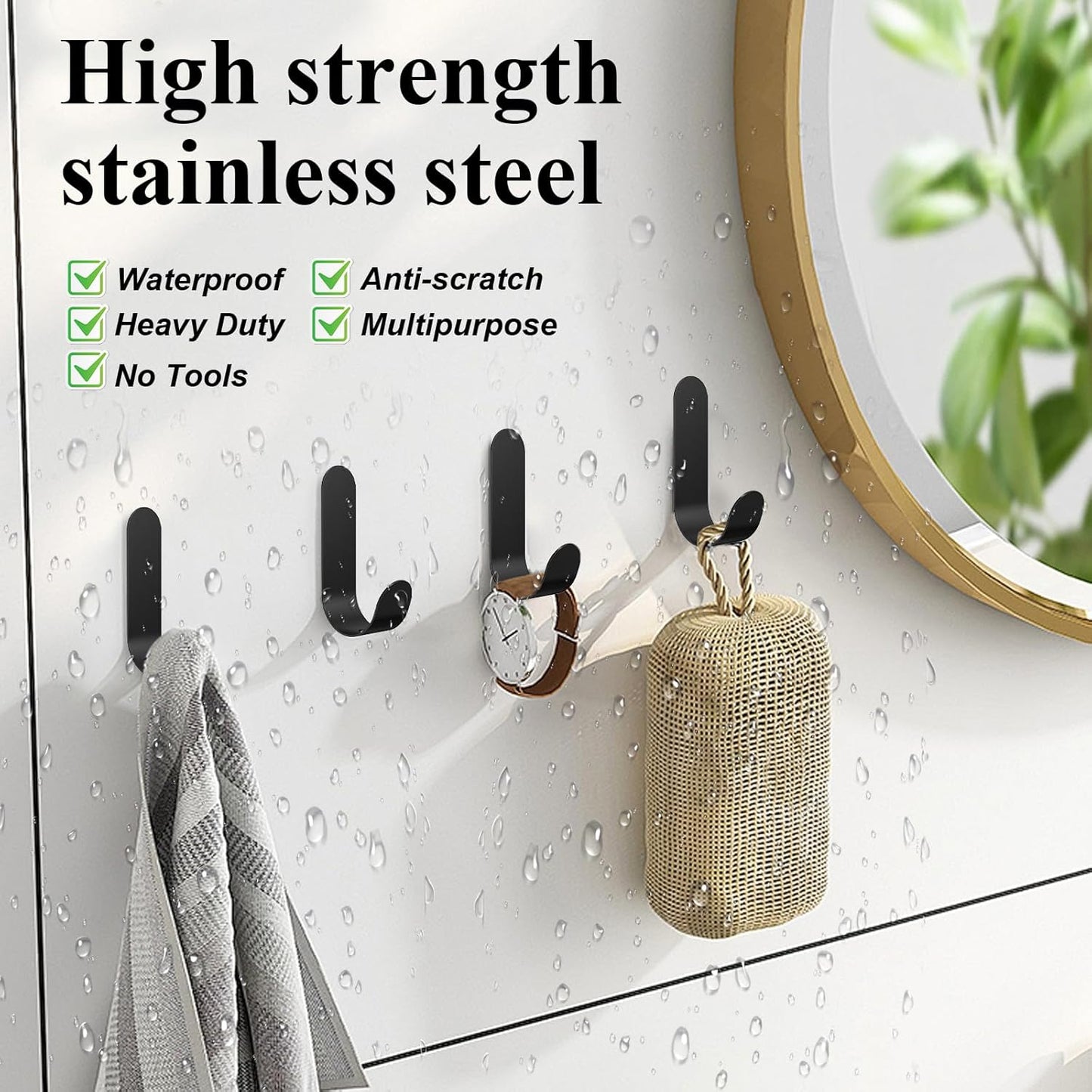 Adhesive Towel Hooks, 20 PCS Stainless Steel Self Adhesive Wall Hooks, Black Heavy Duty Shower Hook, Waterproof Oilproof Rustproof for Bathroom, Kitchen, Living Room