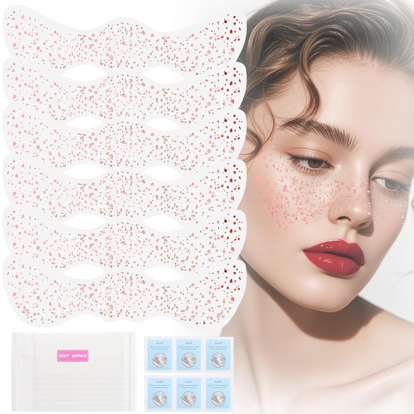 Yosca Glitter Freckles Face Tattoo, 6Pcs Metallic Rose Gold Temporary Tattoos for Body Face Freckle Makeup, Waterproof Glitter Makeup Patches for Festival Concert Party Girl Women Rave Accessories