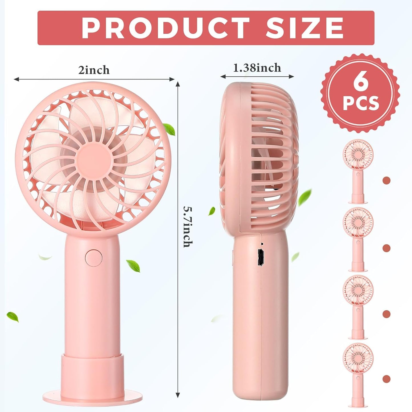 6 Pcs Mini Powerful Handheld Fan 3 Speed Personal Small Portable Rechargeable Fan with Base USB for Women Eyelash Makeup Office Travel Beach Indoor Outdoor (Pink)