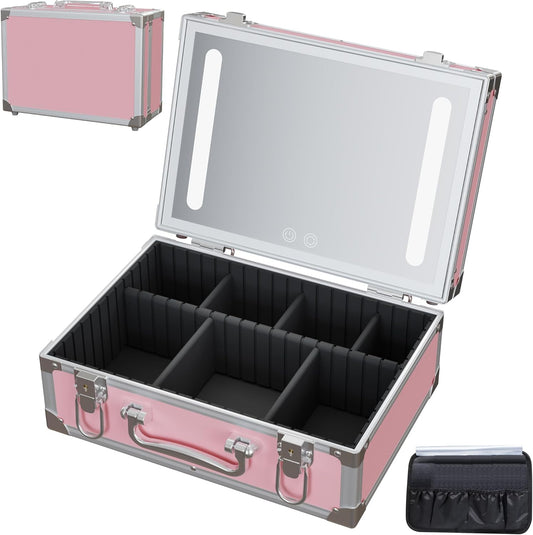 Travel Makeup Case with LED Mirror - Hard Shell Pink Travel Makeup Bag with Mirror - Portable Makeup Organizer with Mirror, Vanity Case for Cosmetics, Adjustable Divider