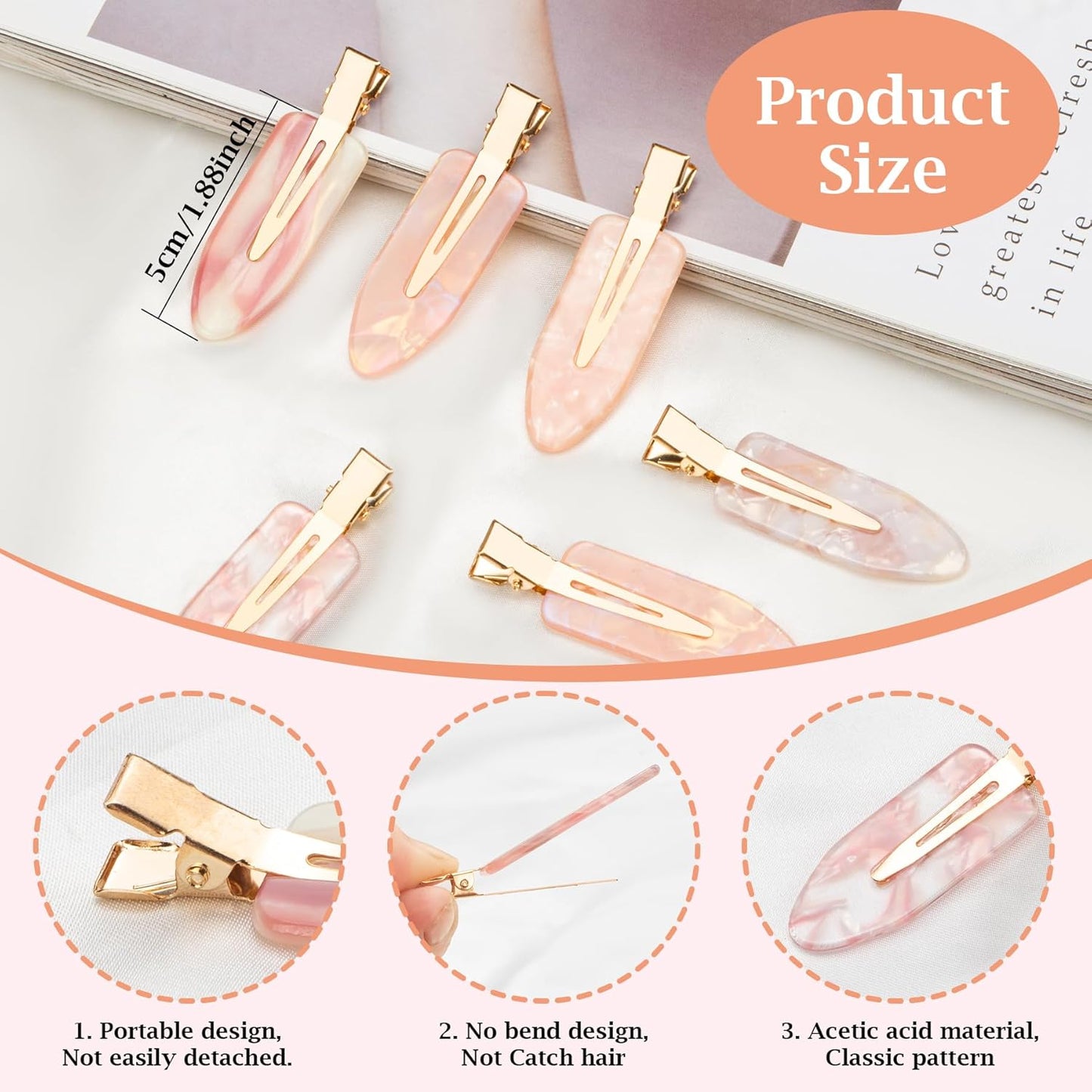 Gingbiss 10 Pcs No Bend Hair Clips, Acrylic No Crease Hair Clip for Hairstyling, Flat Clip Alligator Hair Barrettes for Women Girls Makeup Accessories(Pink Opal)