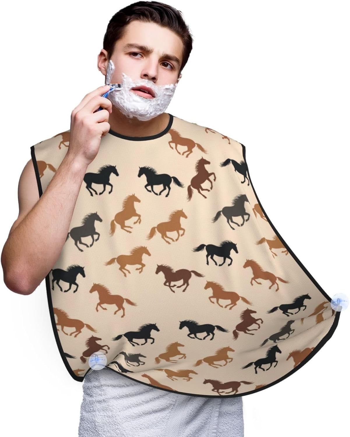 Non-Stick Beard Shaving Bib, Hair Catcher Apron with Suction Cups, Waterproof Grooming Tool for Men Husband, Wild Horse Racing Shave Bib