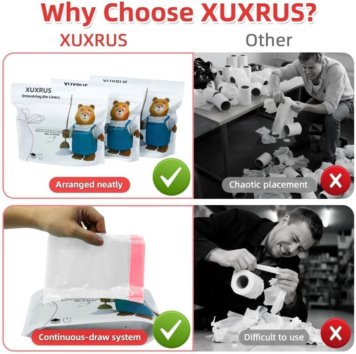 2.6-3 Gallon Trash bag Small White Drawstring Trash Bags, Tear-Free Heavy Duty Garbage Bags, Leak-Proof & Odor Blocking Small Garbage Liners for Kitchen, Bathroom, Multi-Purpose Use 60 Count by XUXRUS