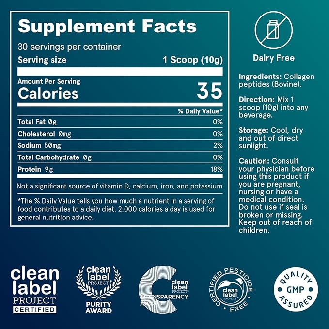 Puori - CP1 Pure Collagen Peptides Powder - Hair, Skin, Nails - Joint, Bones Support - Hydrolyzed Protein, Unflavored, 30 Servings