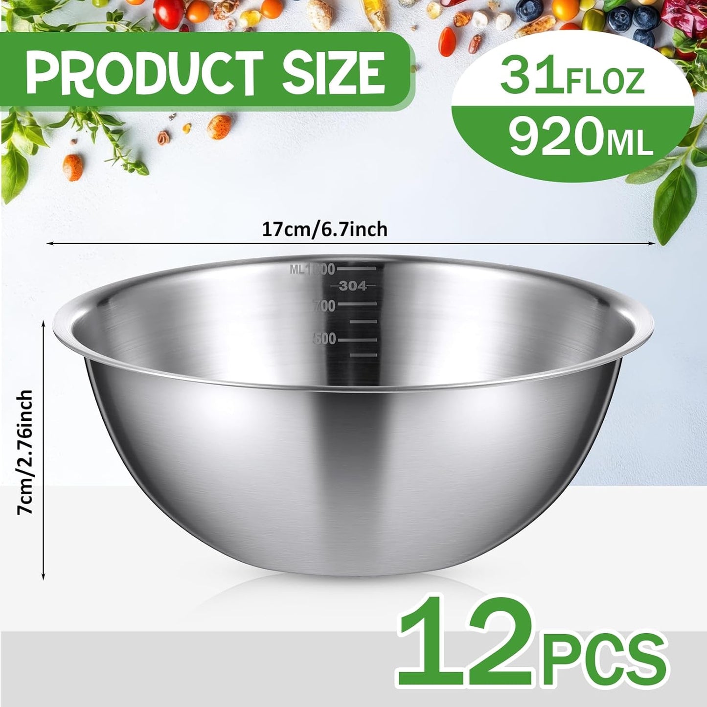 Honeydak 6 Pcs 304 Stainless Steel Mixing Bowls with Graduations, Salad Bowls Metal Serving Reusable Baking Food Storage Containers for Baking Cooking Salads Soups Ice Cream Noodles (84 oz)