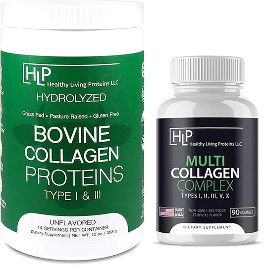 Healthy Living Proteins Bundle - 10oz Bovine Collagen Powder & 90ct Multi Collagen Gummies