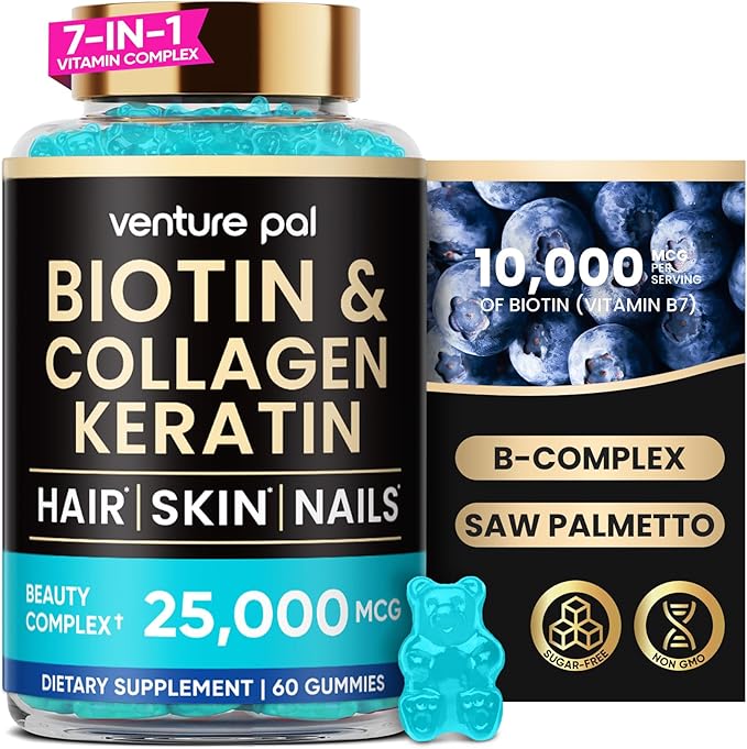 Venture Pal Biotin Gummies with Collagen & Keratin - Hair Growth Support Skin and Nail Strength Vitamins for Women & Men - Biotin 10000mcg | B-Complex | Saw Palmetto - Sugar Free, Non-GMO, 60ct