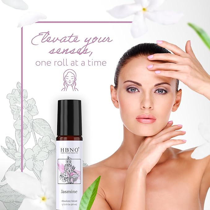 HBNO Jasmine Grandiflorum Oil Roll-On - 1/3 oz (10 ml) Travel Size - Jasmine and Mct - Perfect for Traveling, Aromatherapy, Massage, perfumes, moisturizer