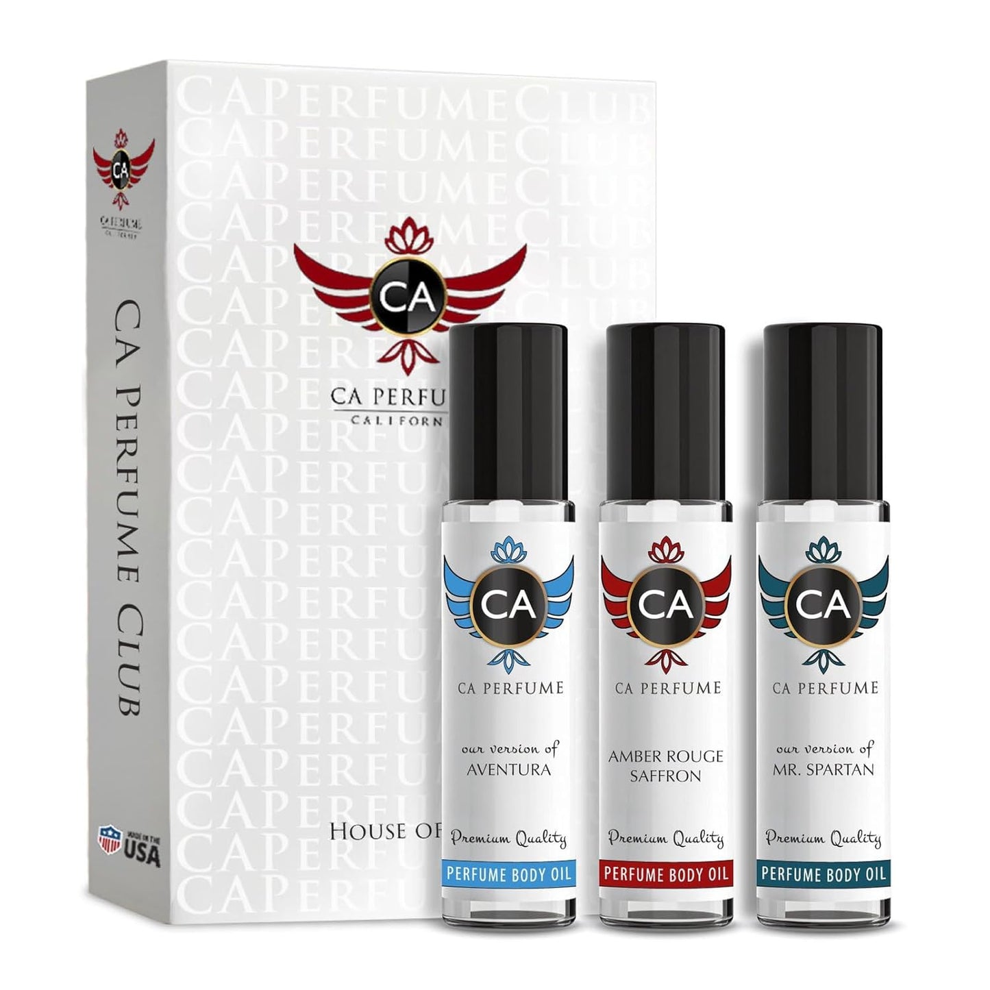 CA Perfume Impression of Aventura, Amber Rouge Saffron, Mr. Spartan for Men Discovery Set Cologne for Men Travel Size TSA Ready for Day and Night Wear 0.33 Fl Oz 10ml