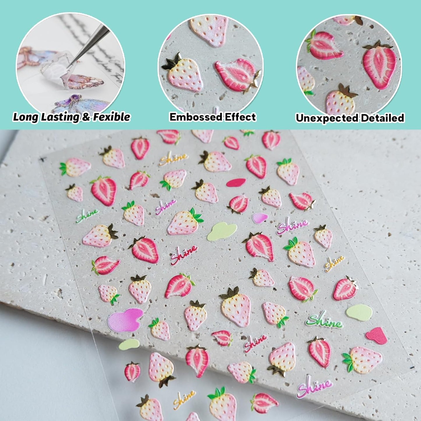 Golden Strawberry Nail Art Stickers, Embossed Cute Fruit Decals, Self-Adhesive Design, Accessories for Women, Nail Supplies