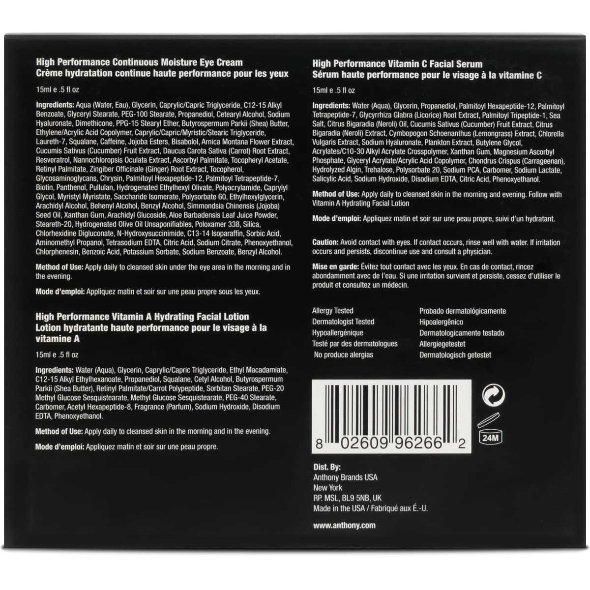 Anthony High-Performance Trio Kit – Eye Cream (0.5 Fl Oz), Vitamin C Facial Serum (0.5 Fl Oz), and Vitamin A Hydrating Facial Lotion (0.5 Fl Oz) – Anti-Aging Skincare for All Skin Types