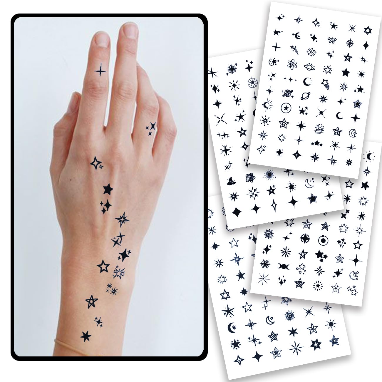 CHARLNET Stars Semi-Permanent Tattoos for Adult - 2 Weeks Long Last Small Fake Tattoos for Women Men Face Finger Neck Body/Fades Naturally/No Reflection/Waterproof/Realistic