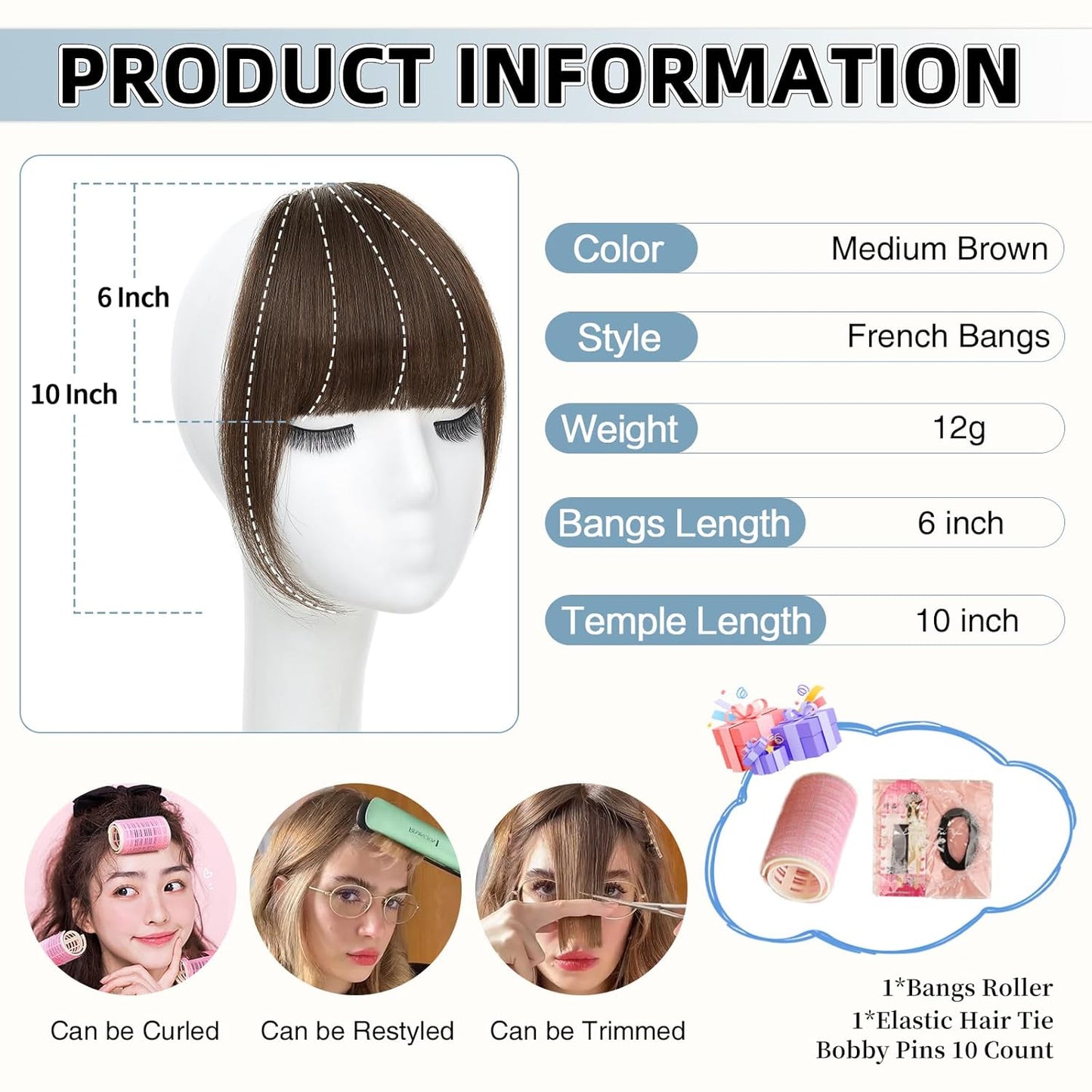 Clip In Bangs for Women, Medium Brown French Bangs Hair Clip with Temples, 100% Real Human Hair Layered Curved Fringe for Halloween and Daily Use(Medium Brown, French Bangs)