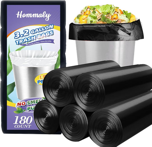 Hommaly 3 Gallon Small Black Trash Bags, 180 Count, Leakproof and Strong, Ideal for Office, Kitchen, Bathroom, and More