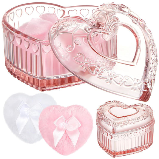 Tioncy 3 Pcs Large Body Powder Puff and Container Powder Container with Puff Crystal Soft Washable Reusable Velour Face Glitter Wet Dry Makeup(Pink,Heart)