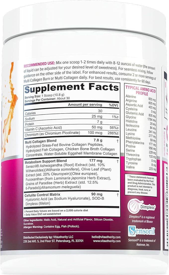 Hydrolyzed Collagen Peptides Powder for Women - Slimming MultiCollagen Burn Ultimate Beauty Complex with Hyaluronic Acid Vitamin C & Types I II III V and X for Women Tropical Punch 30 Servings