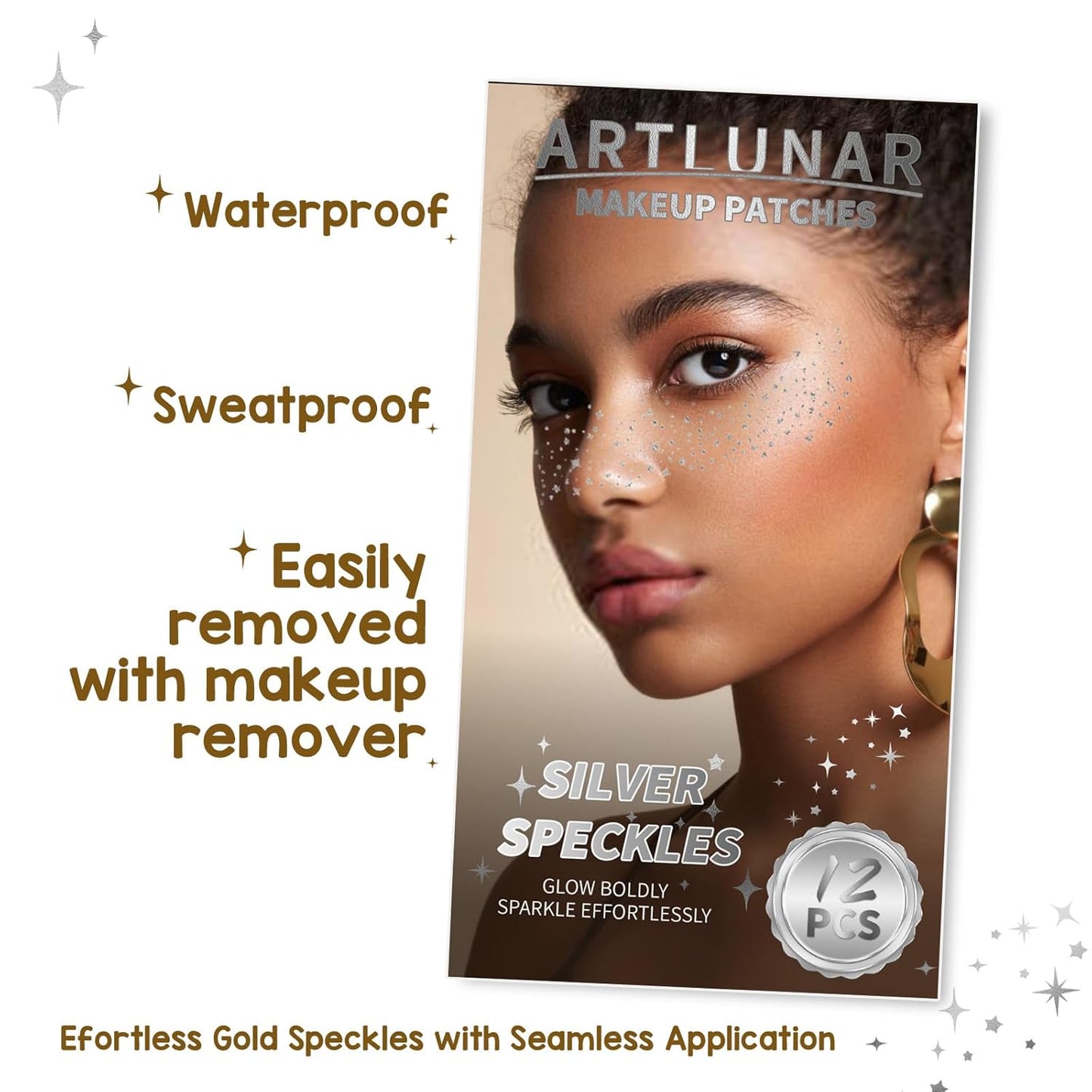 Artlunar 12Pcs Christmas Silver Sparkle Makeup Patches - Body Glitter Stickers for Face and Body, Perfect for Festivals and Parties (Silver),Christmas Makeup Gifts for Women and Girl.