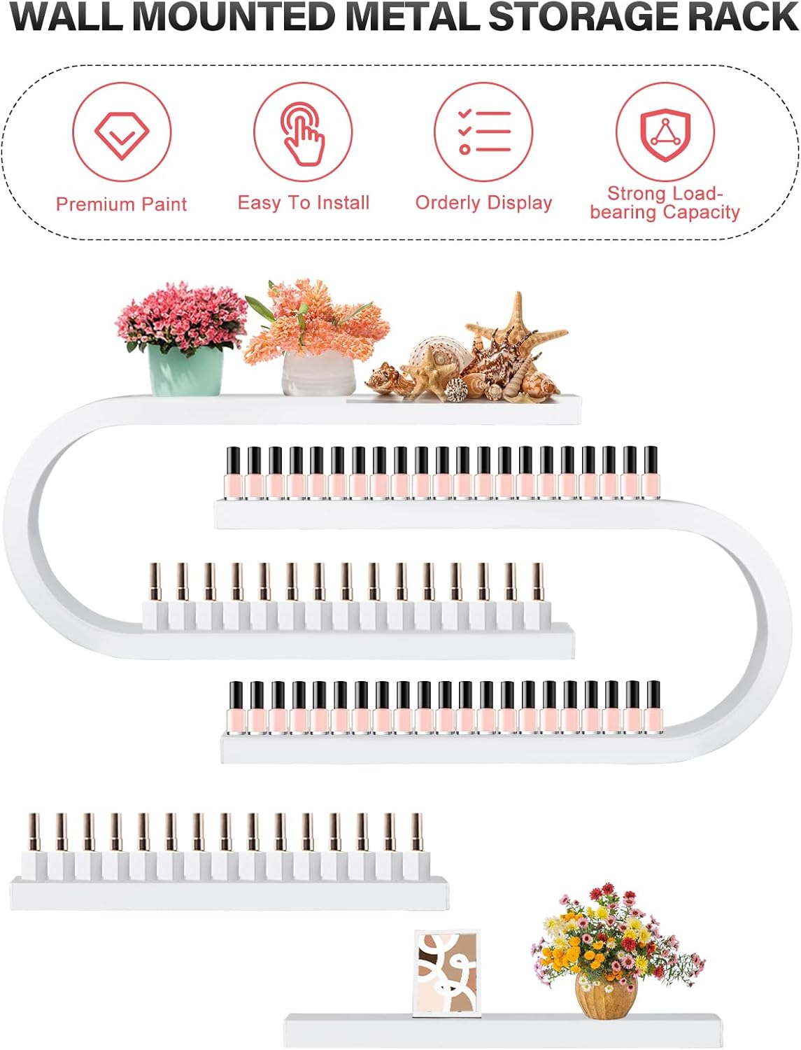 EBANKU 6PCS U Shape Nail Polish Racks Heavy Duty Nail Shelfs for Wall Nail Polish Display Rack Cosmetic Display Cases Nail Polish Organizer Wall Shelf for Home Spa Nail Salon(White)