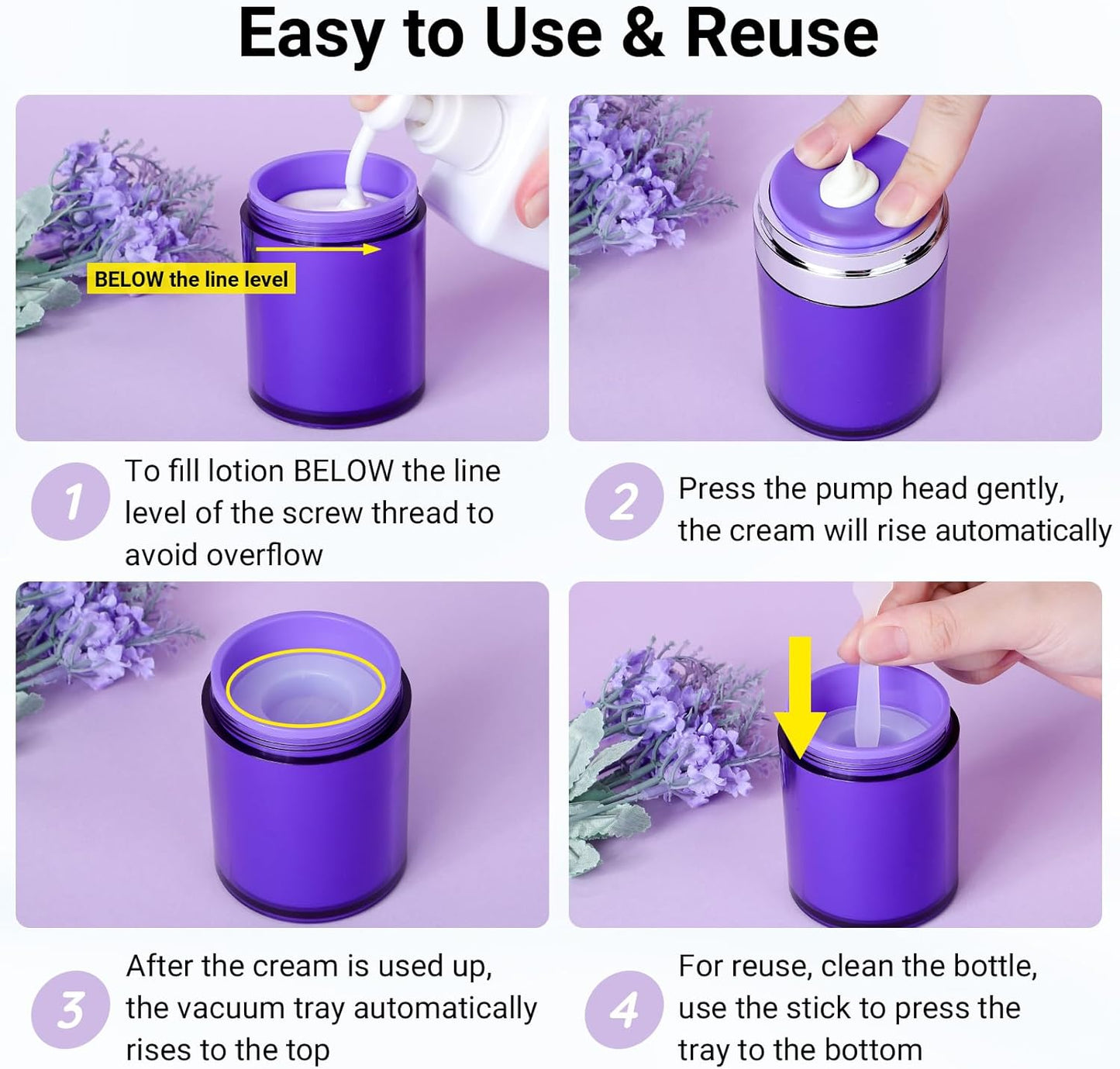 Segbeauty Airless Jar 3.4oz Travel Bottles for Toiletries, 3pcs Empty Travel Containers for Creams, 100ml Purple Refillable Lotion Jars Set, Plastic Vacuum Liquids Containers with Pump for Skincare