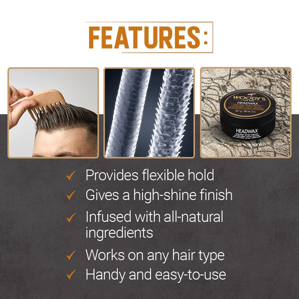 Woody's Headwax Styling Pomade for Men, Flexible Hold, High Shine, with Natural Beeswax, Non-stiff, Non-Sticky, Moldable, For all Hair Types, Travel-size, 2 oz./ 2-Pack