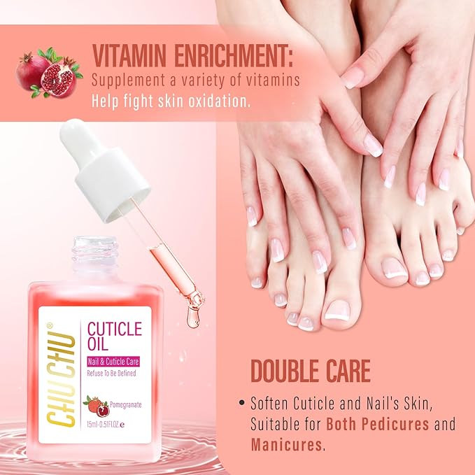 CHUCHU Organic Cuticle Oil for Nails: Pomegranate Jojoba Nail Oil with Vitamin B & E - Moisturizes Repairs and Promotes Nail Growth - Prevents Dryness Hangnails and Chapped Skin 15ML