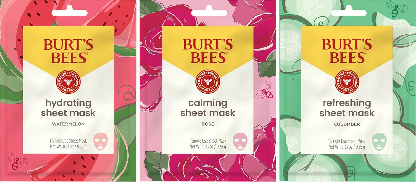 Burt's Bees Christmas Gifts - Face Mask Bundle Set, Hydrating Watermelon, Calming Rose, & Refreshing Cucumber, Face Sheet Masks for Single Use Skin Care, 99% Natural Origin, 3 Count, 0.33oz Each