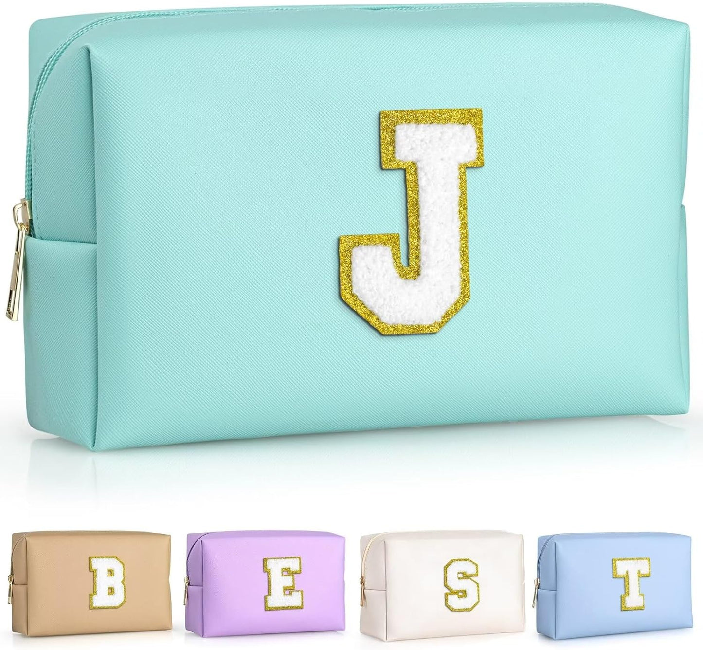 TOPEAST Birthday Gifts for Girls, Travel Makeup Bag Chenille Letter Pouch Cosmetic Bag, Makeup Travel Organizer, Monogrammed Bridesmaid Gifts for Women, Cute Stuff for Girls (Blue J)