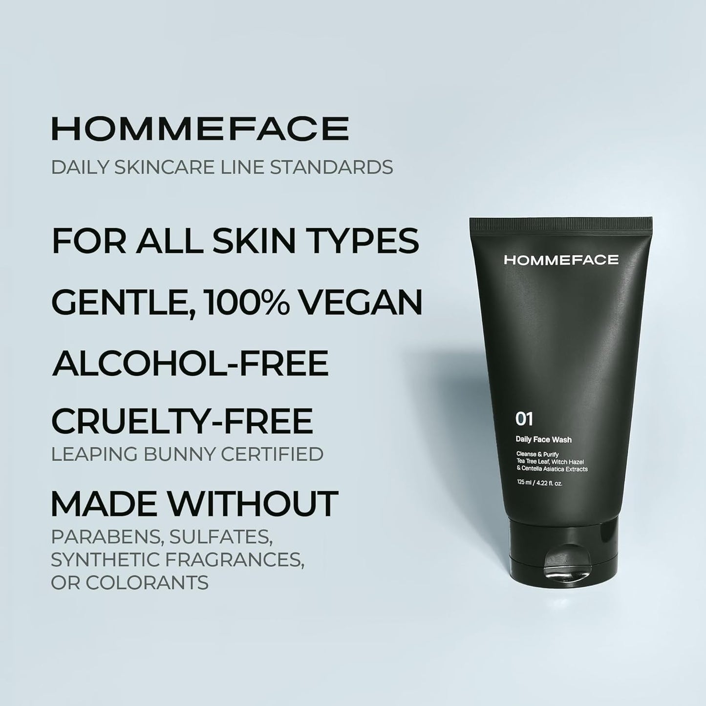 HommeFace Men’s Daily Face Wash - Gentle Facial Cleanser for Deep Cleansing & Purifying - Korean Skincare Technology with Collagen, Witch Hazel & Cica Extracts, 4.22 fl oz