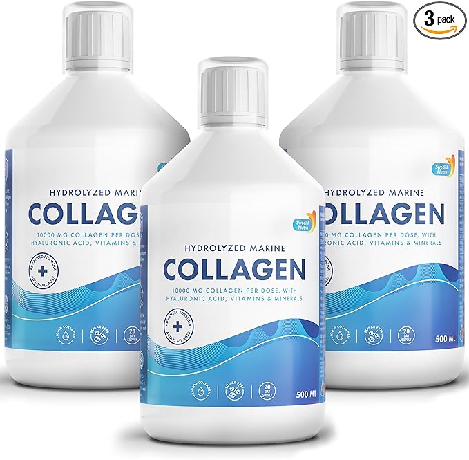 Swedish Nutra - Liquid Marine Collagen 10,000mg - 3 Packs of 500ml I Hydrolyzed Collagen Peptides (Type I & III) I Hyaluronic Acid, Biotin, Vitamin C - 60 Day Supply