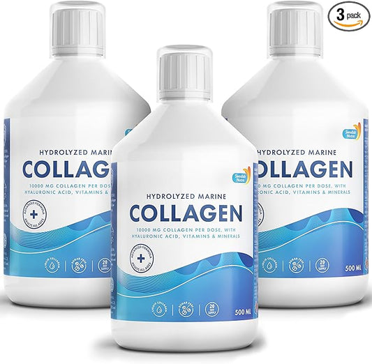 Swedish Nutra - Liquid Marine Collagen 10,000mg - 3 Packs of 500ml I Hydrolyzed Collagen Peptides (Type I & III) I Hyaluronic Acid, Biotin, Vitamin C - 60 Day Supply