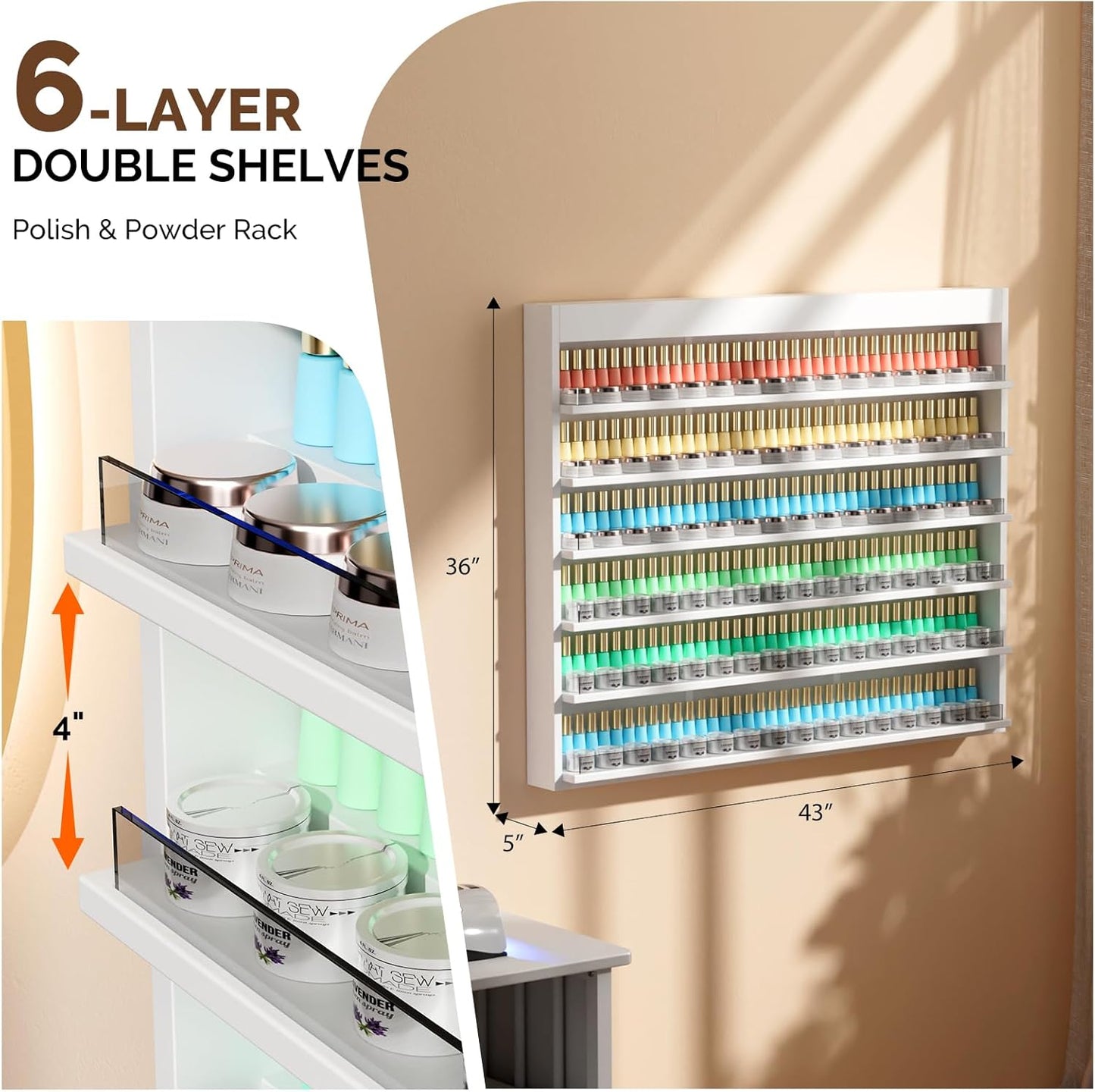 OmySalon Powder & Polish Rack - 6-Tier Double Nail Polish Organizer Wall-Mounted Salon Display Rack with Acrylic Barrier for Nail Salon Spa Home Beauty Studios (White)