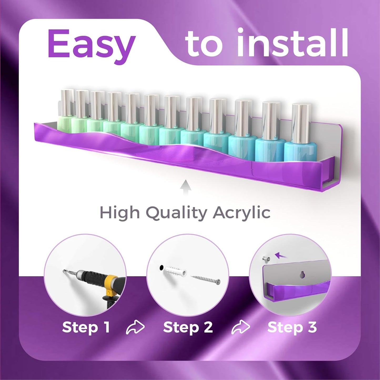 Wall-Mounted Nail Polish Organizer Rack - 15 Inch Purple Mirror Finish Nail Polish Shelf, Makeup & Beauty Essentials Storage - Multi-Purpose Display Holder for Small Space, Vanity Bathroom, 6 Pack